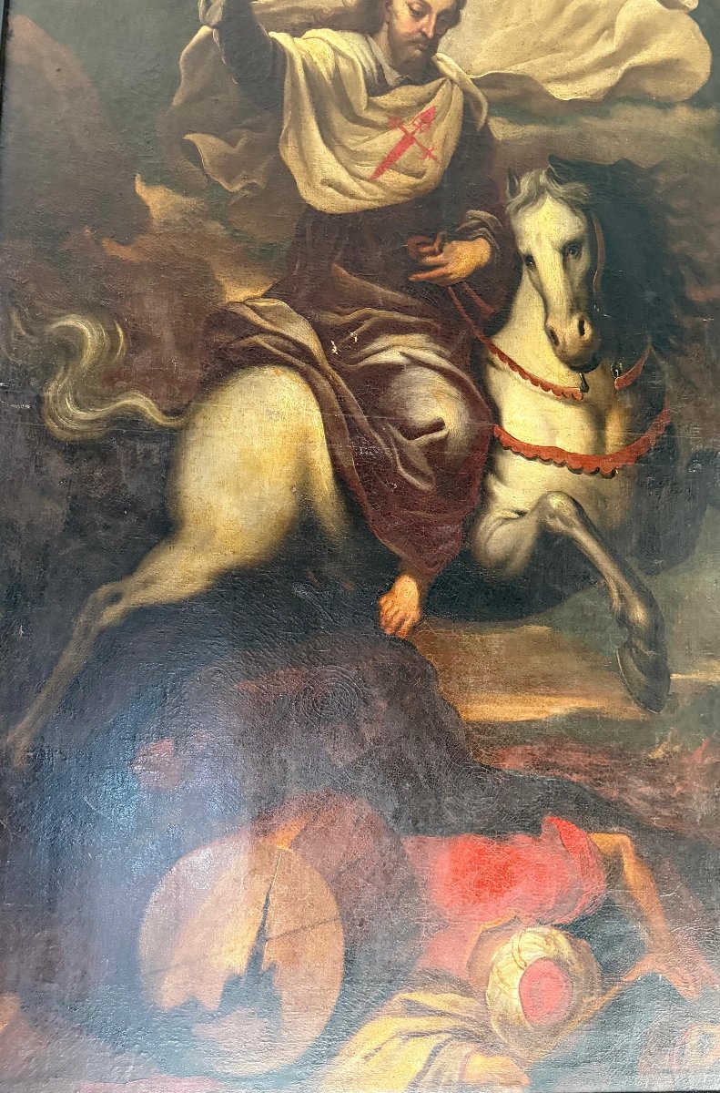 Dipinto antico raffigurante San Giacomo Maggiore a cavallo XVII° -photo-3