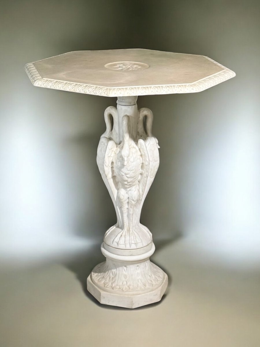 Tavolo ottagonale decorato con foglie e cigni, in Marmo Bianco Statuario di Carrara,  Parigi-photo-4