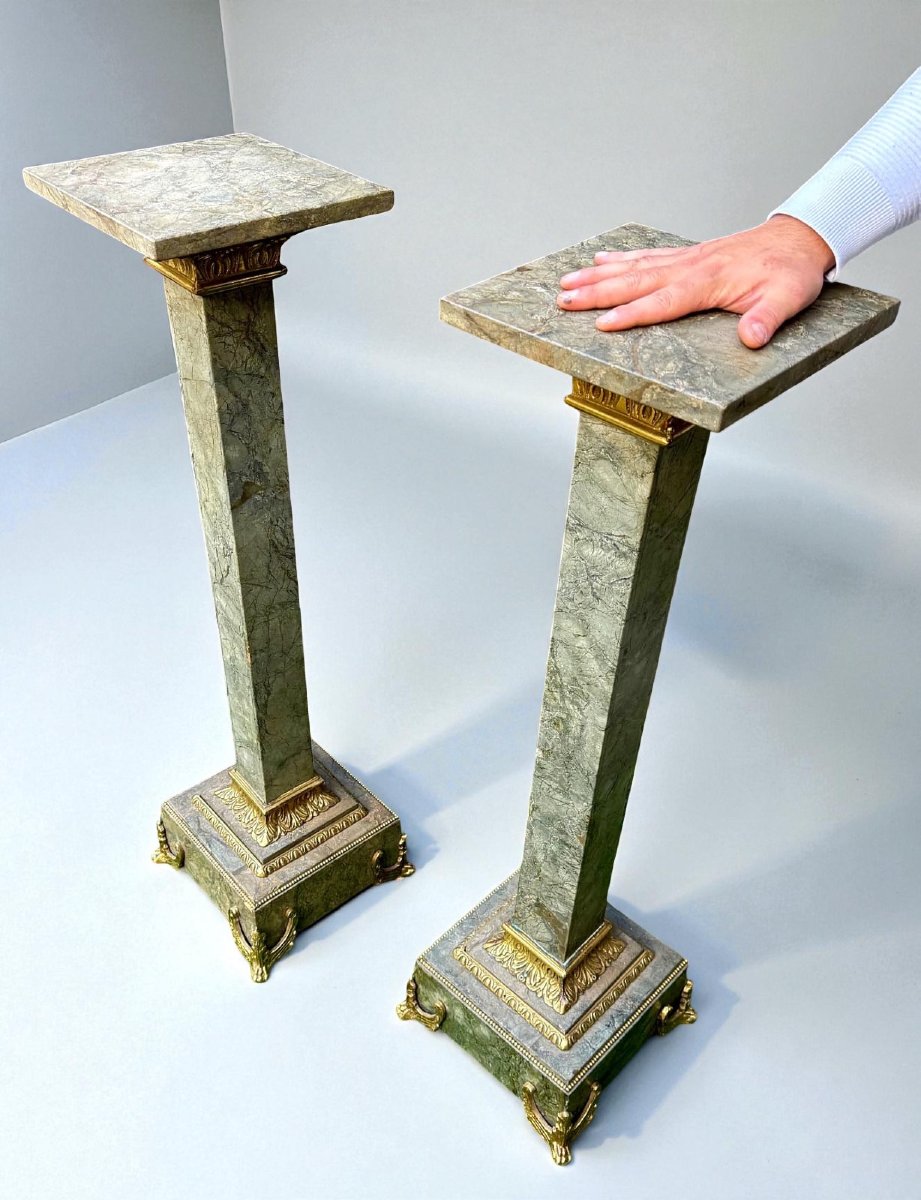 Coppia di Colonne/Capitelli in Marmo Verde Alpi,  con Bronzo dorato-photo-2