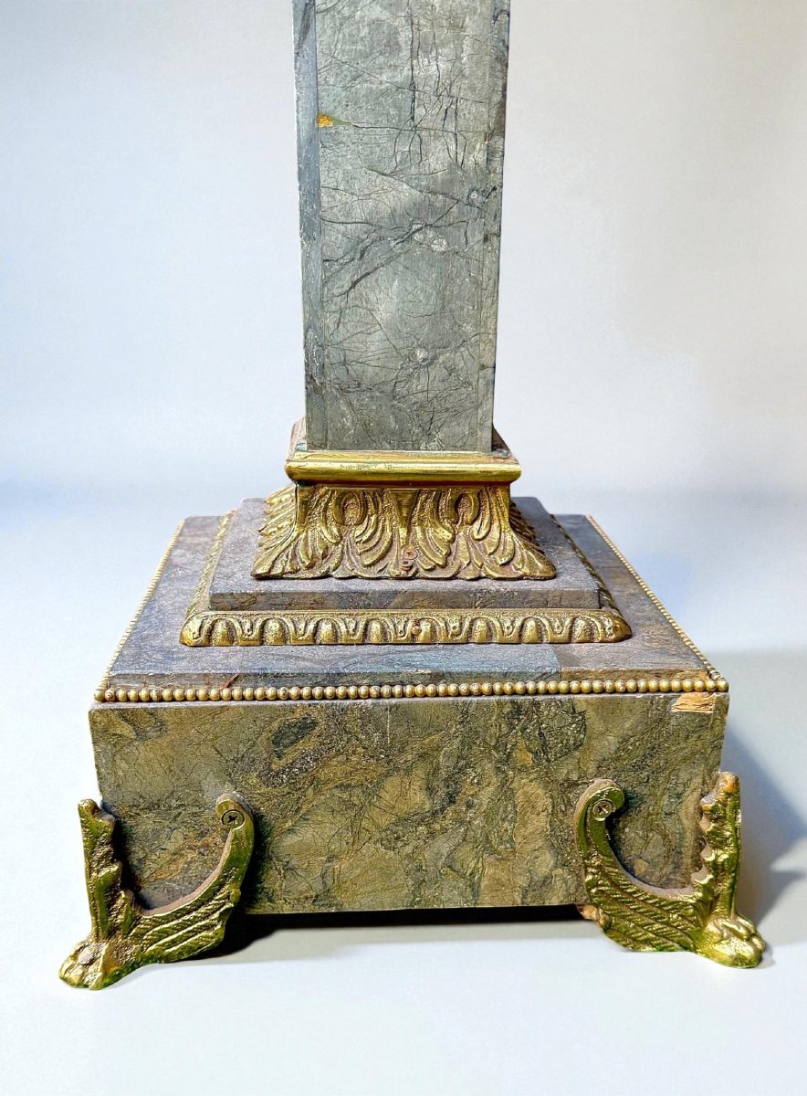 Coppia di Colonne/Capitelli in Marmo Verde Alpi,  con Bronzo dorato-photo-4