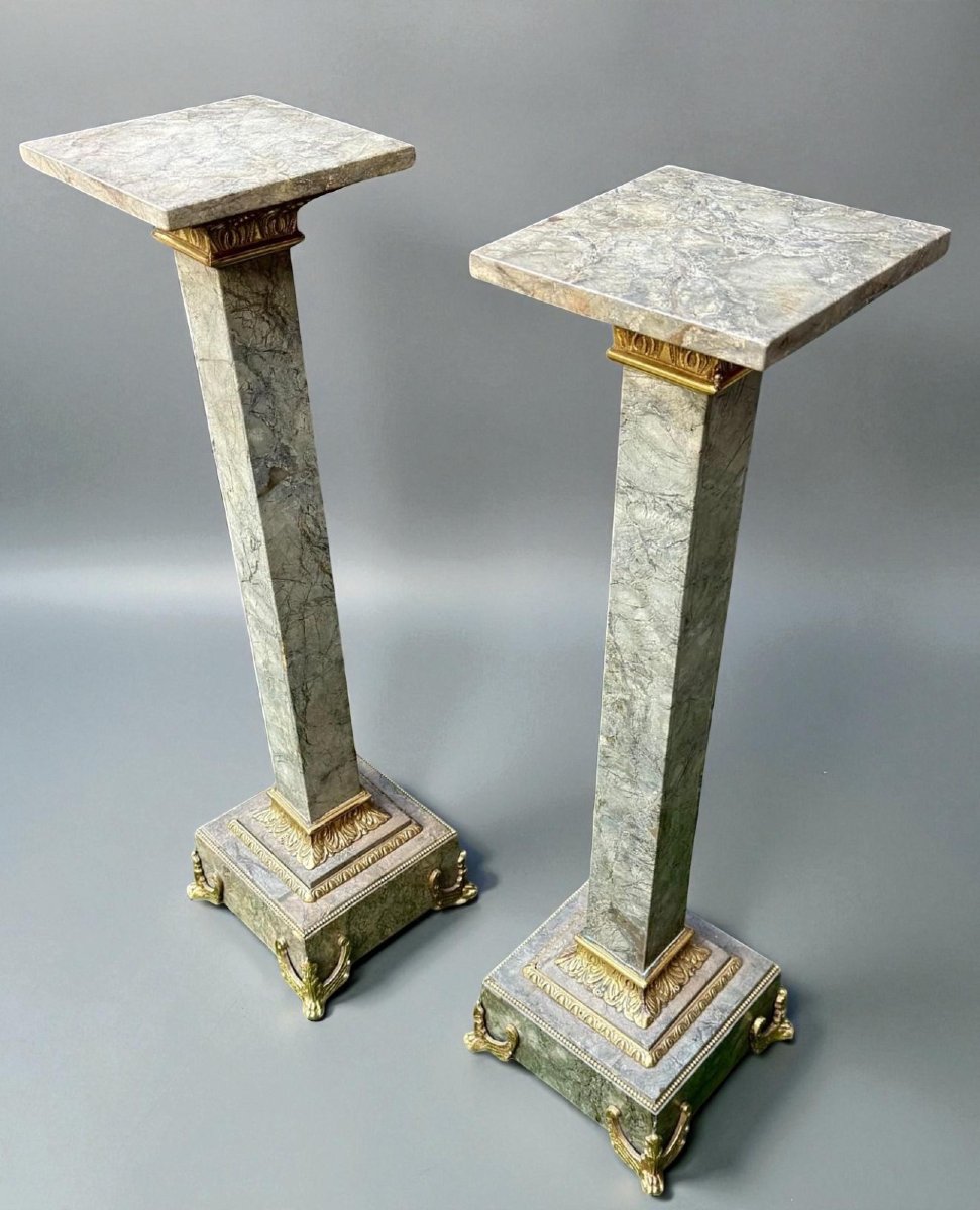 Coppia di Colonne/Capitelli in Marmo Verde Alpi,  con Bronzo dorato-photo-1