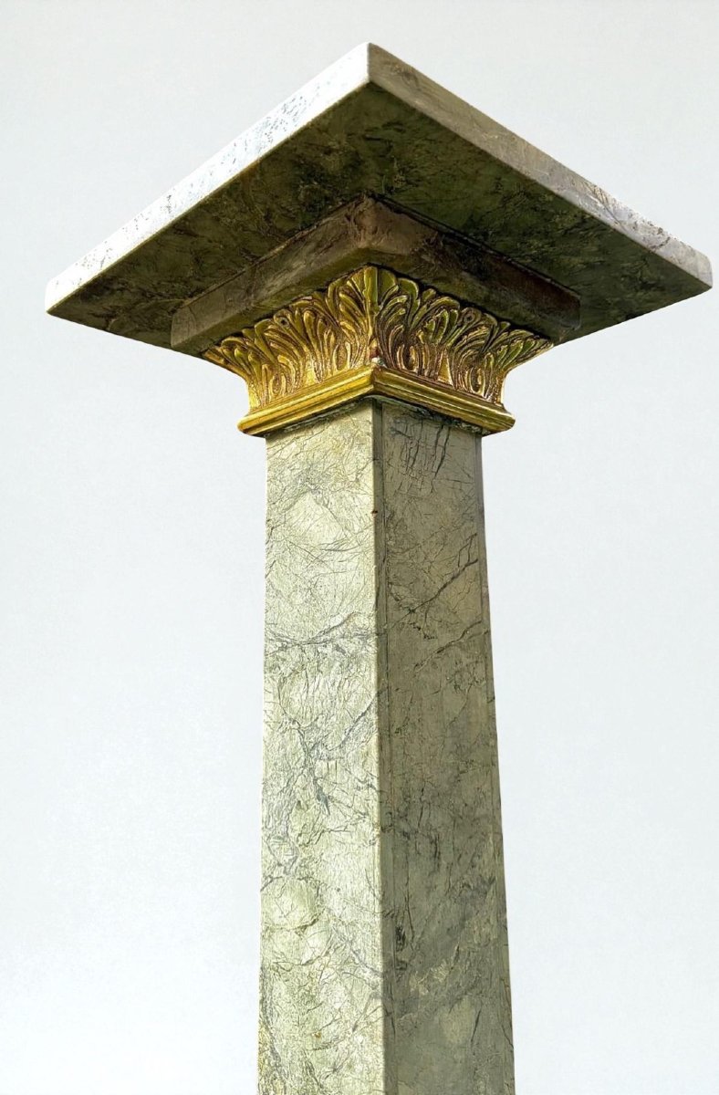 Coppia di Colonne/Capitelli in Marmo Verde Alpi,  con Bronzo dorato-photo-2