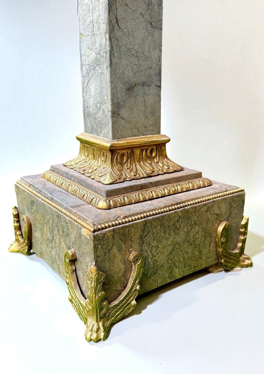 Coppia di Colonne/Capitelli in Marmo Verde Alpi,  con Bronzo dorato-photo-3