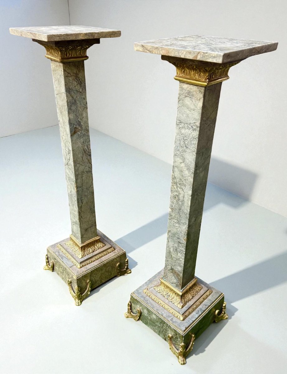 Coppia di Colonne/Capitelli in Marmo Verde Alpi,  con Bronzo dorato-photo-5