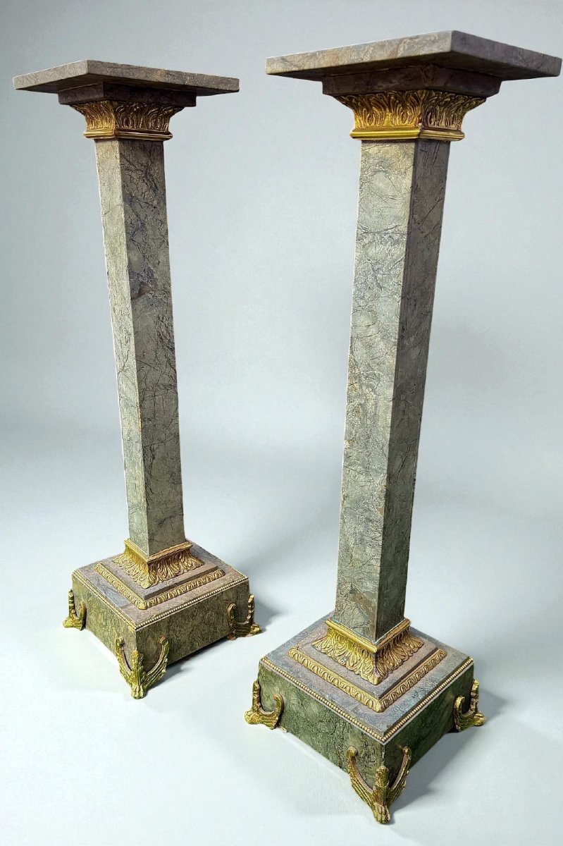 Coppia di Colonne/Capitelli in Marmo Verde Alpi,  con Bronzo dorato-photo-7