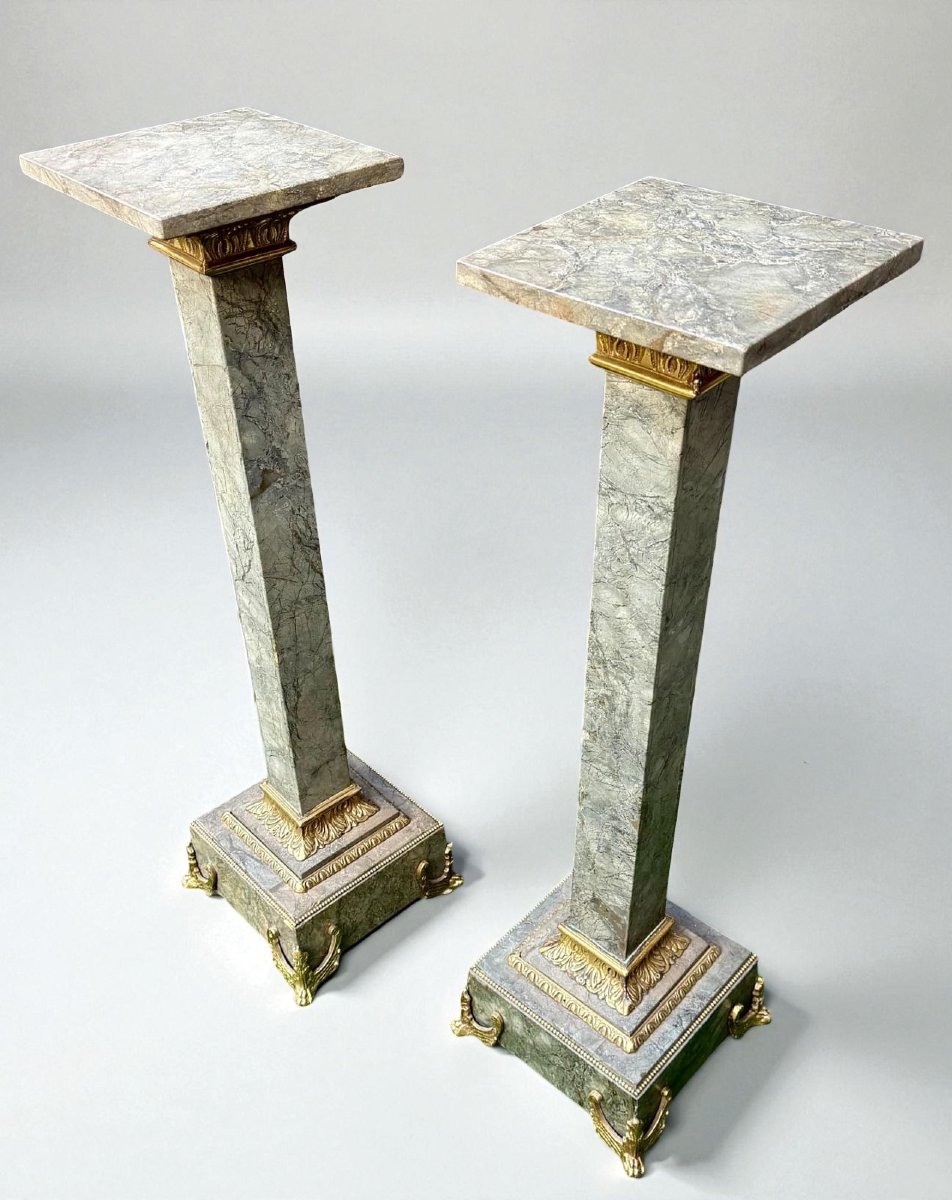 Coppia di Colonne/Capitelli in Marmo Verde Alpi,  con Bronzo dorato-photo-8