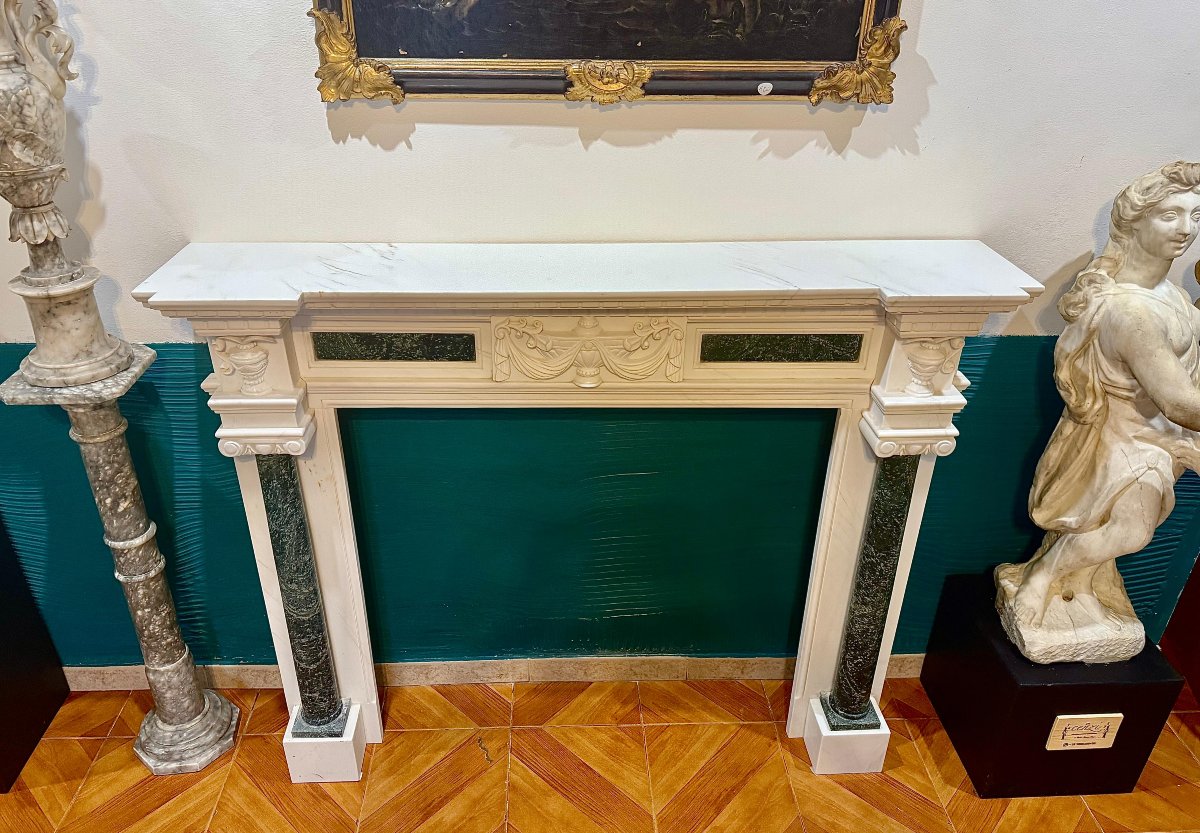 Cornice Camino in Marmo Bianco Statuario di Carrara e Verde Alpi -photo-3