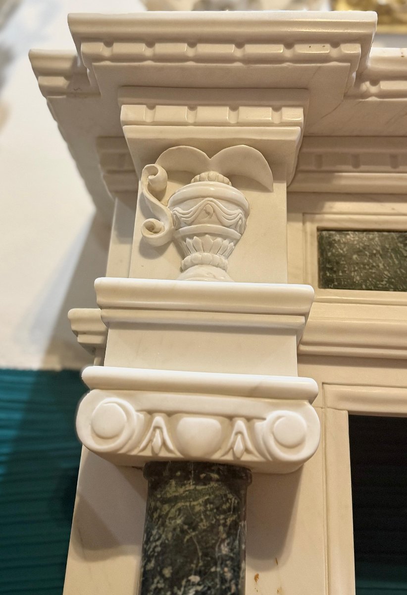 Cornice Camino in Marmo Bianco Statuario di Carrara e Verde Alpi -photo-1