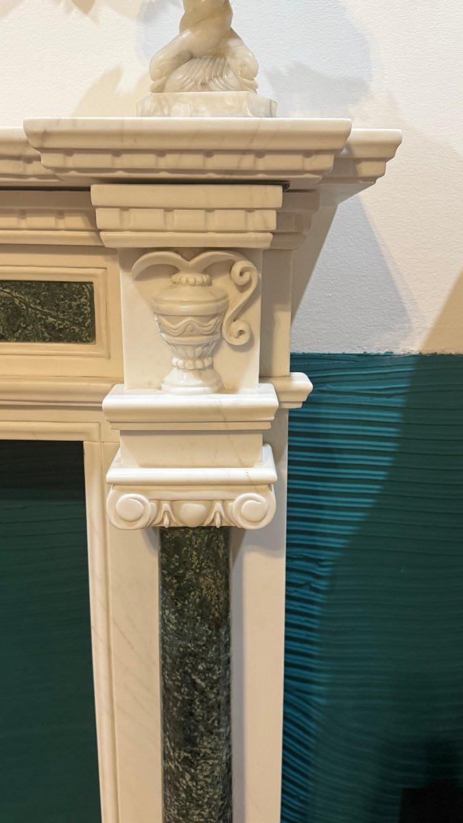 Cornice Camino in Marmo Bianco Statuario di Carrara e Verde Alpi -photo-3