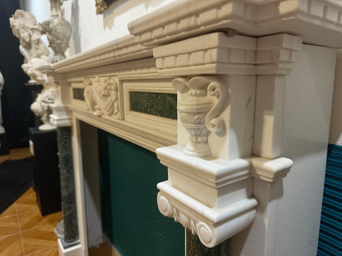 Cornice Camino in Marmo Bianco Statuario di Carrara e Verde Alpi -photo-8