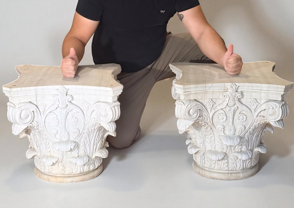 Coppia Capitelli Corinzi in Marmo Bianco Statuario di Carrara -photo-2