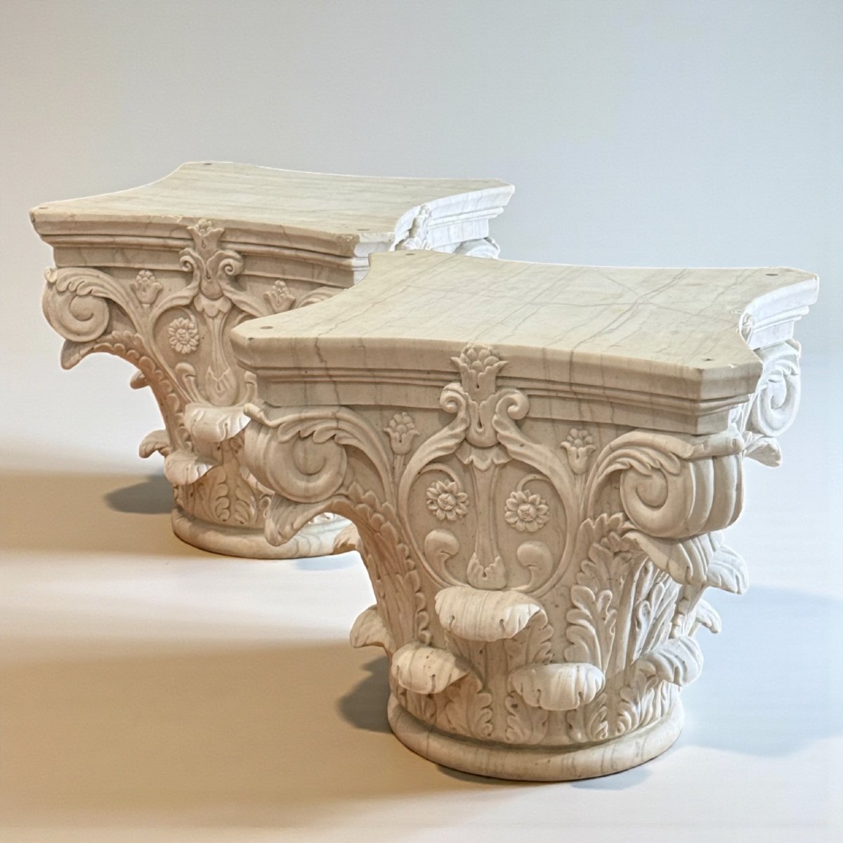 Coppia Capitelli Corinzi in Marmo Bianco Statuario di Carrara -photo-3