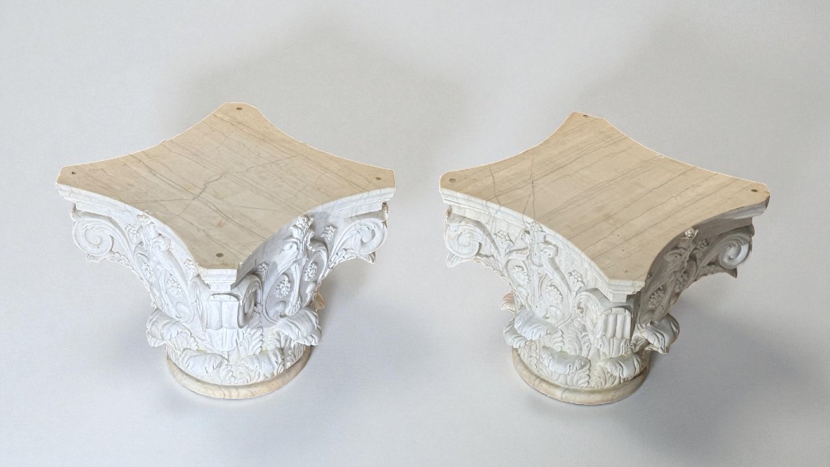 Coppia Capitelli Corinzi in Marmo Bianco Statuario di Carrara -photo-4