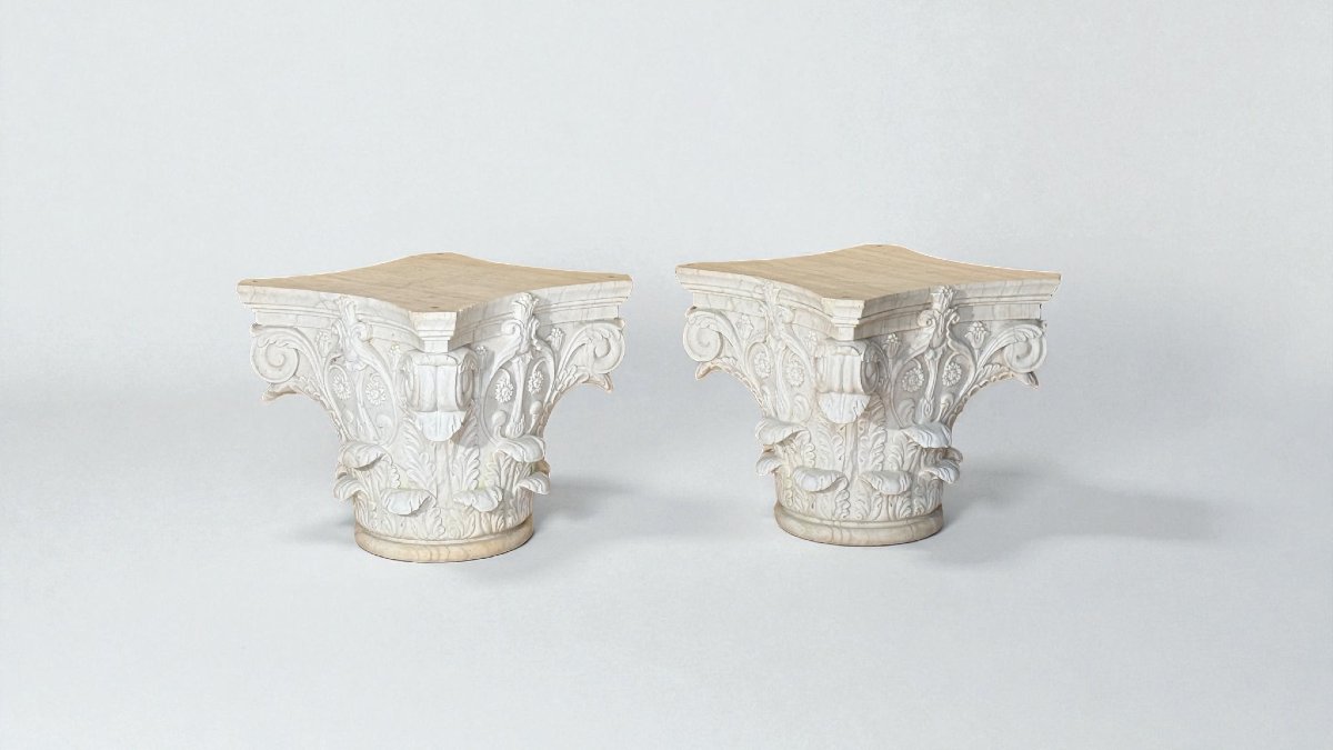 Coppia Capitelli Corinzi in Marmo Bianco Statuario di Carrara -photo-1