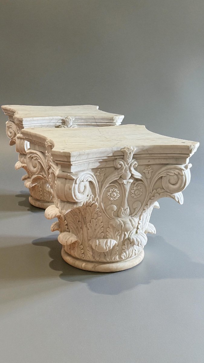 Coppia Capitelli Corinzi in Marmo Bianco Statuario di Carrara -photo-3