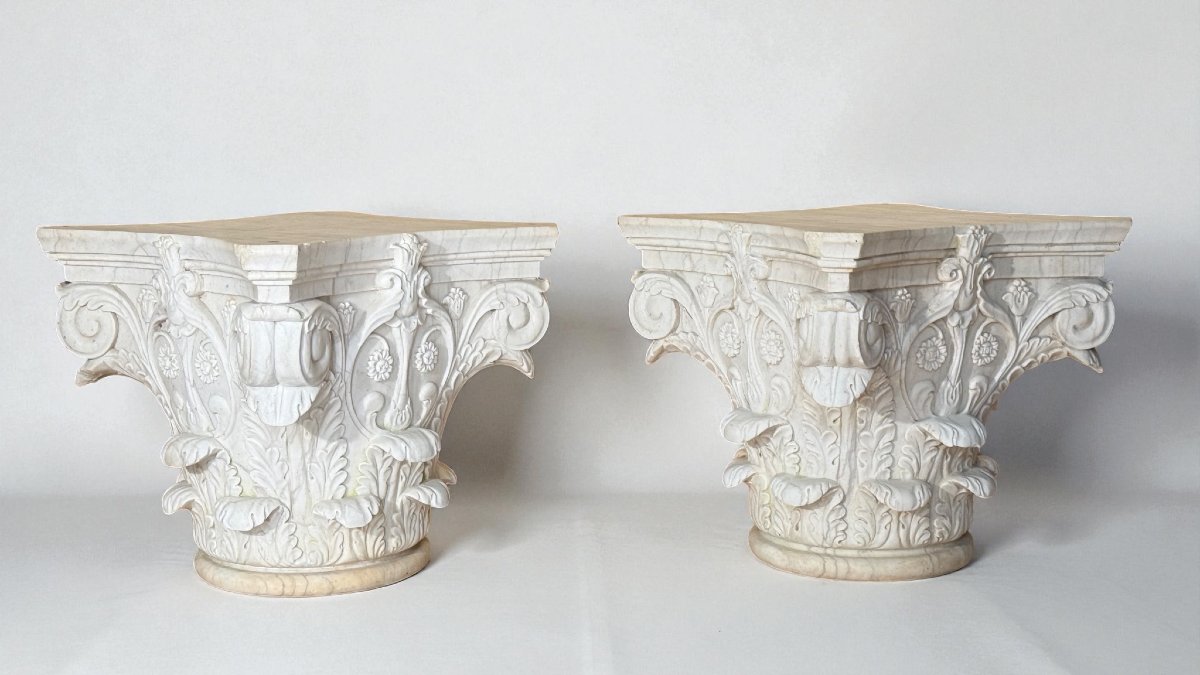 Coppia Capitelli Corinzi in Marmo Bianco Statuario di Carrara -photo-5
