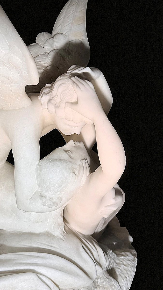 Gruppo scultoreo raffigurante Amore e Psiche, da Canova, Marmo Bianco Carrara -photo-1