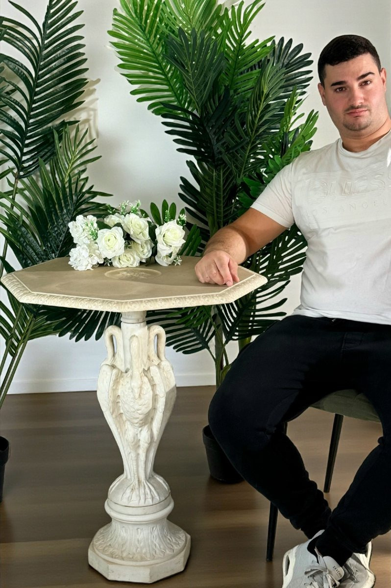 Tavolo con piedistallo ottagonale decorato con cigni in Marmo Carrara -photo-5