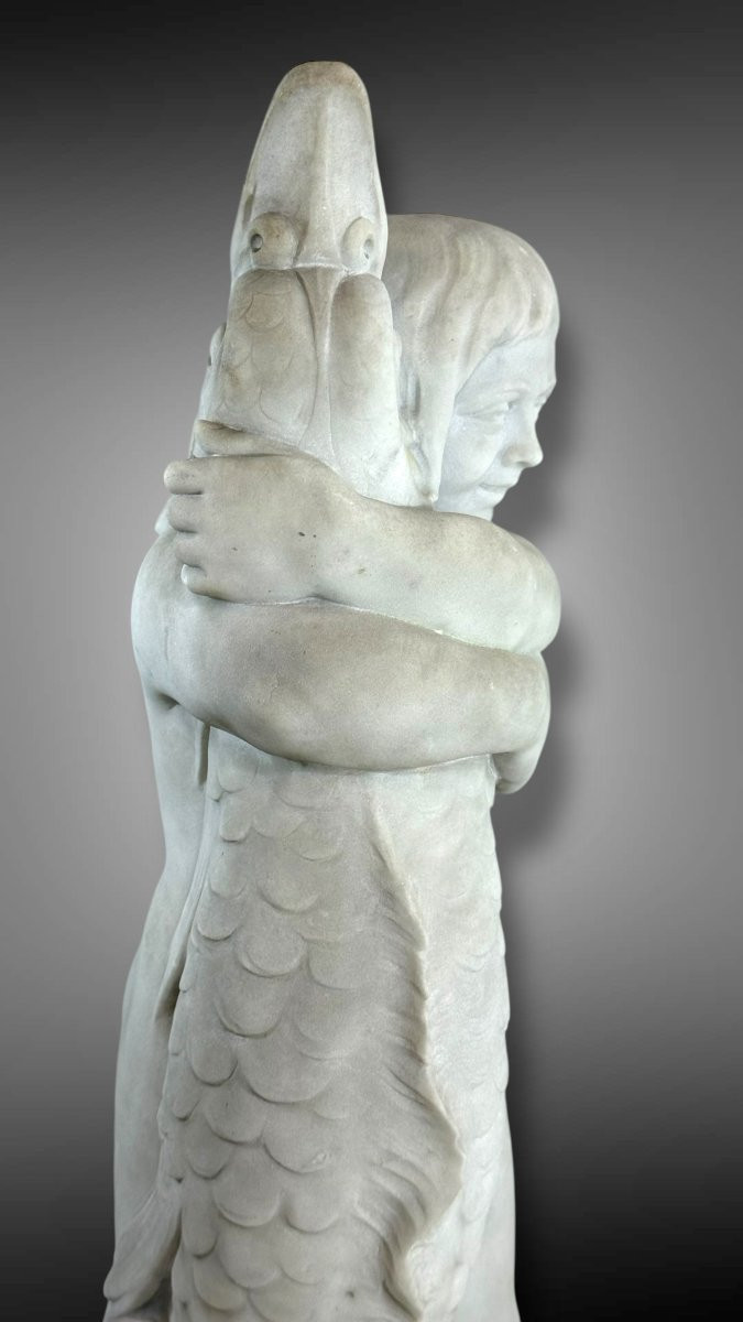 Statua Fanciullo sorridente Mitologico in Marmo Bianco Statuario di Carrara -photo-4