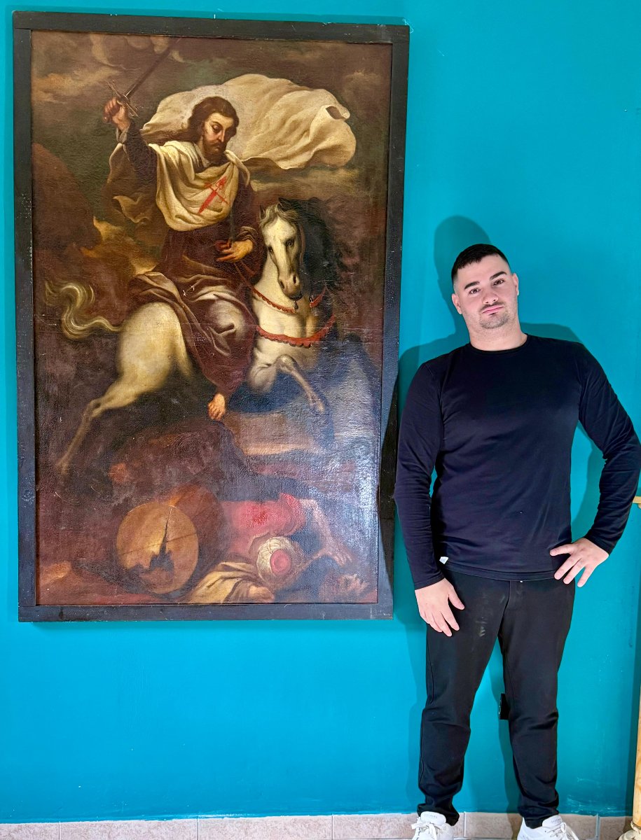 Dipinto antico raffigurante San Giacomo Maggiore a cavallo. -photo-2