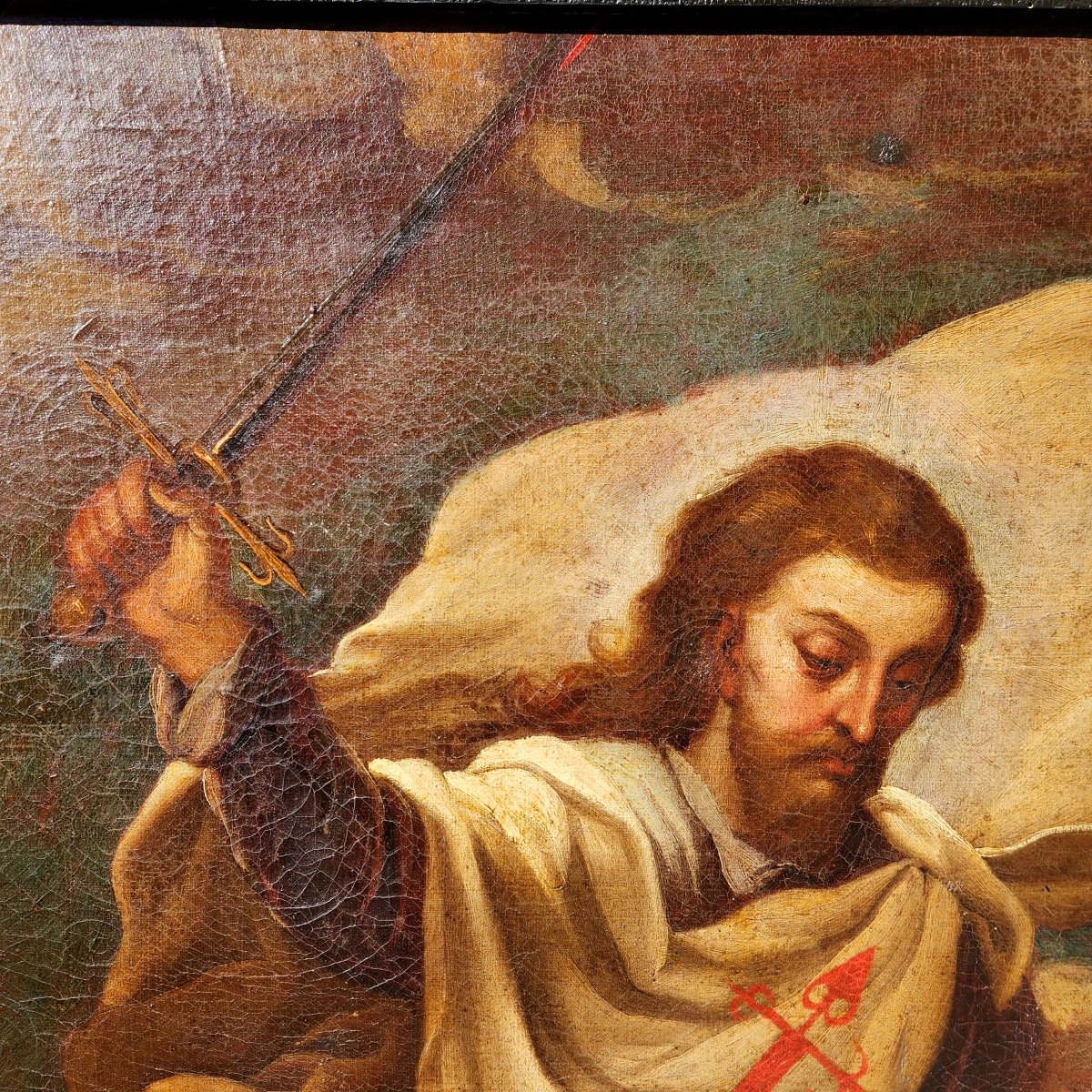 Dipinto antico raffigurante San Giacomo Maggiore a cavallo. -photo-1