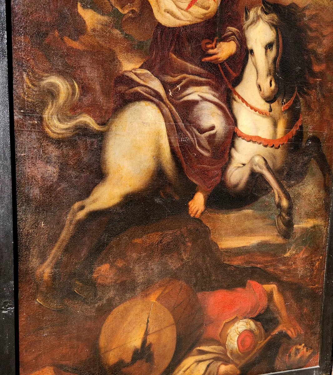 Dipinto antico raffigurante San Giacomo Maggiore a cavallo. -photo-2