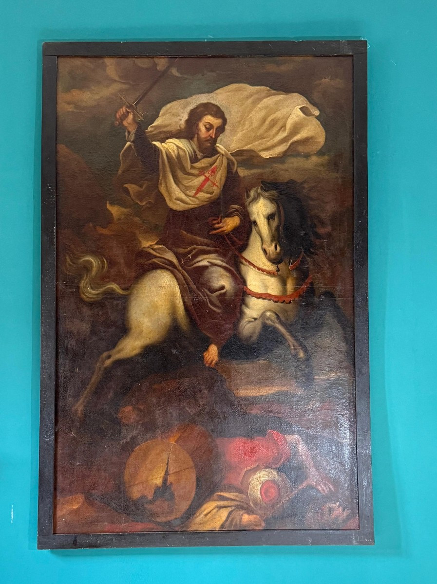 Dipinto antico raffigurante San Giacomo Maggiore a cavallo. 