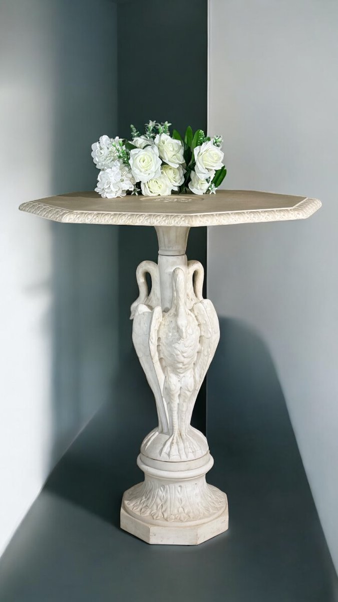 Tavolino ottagonale con piedistallo decorato con cigni-photo-7