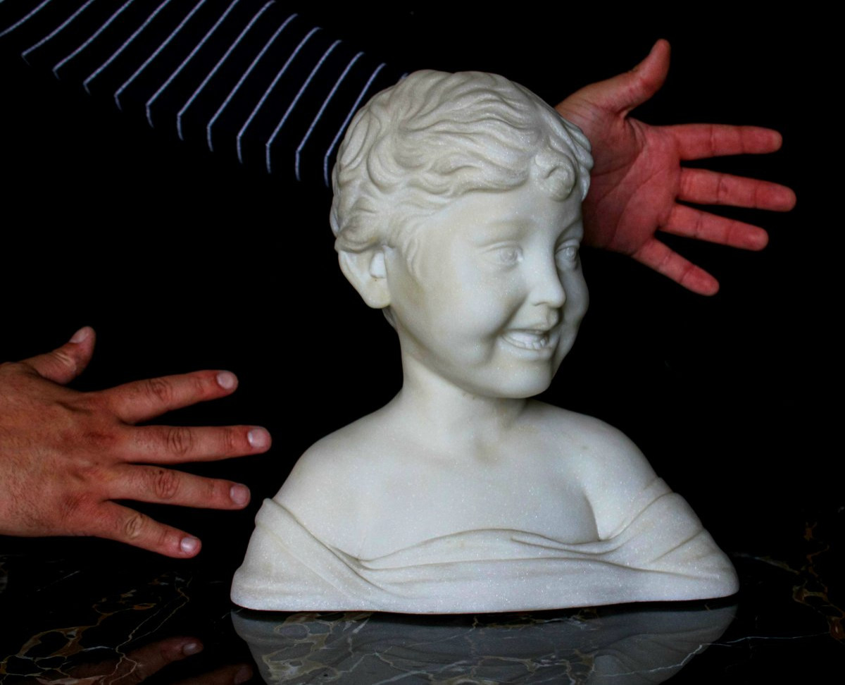 Busto Fanciullo sorridente Marmo Bianco Statuario di Carrara -photo-3