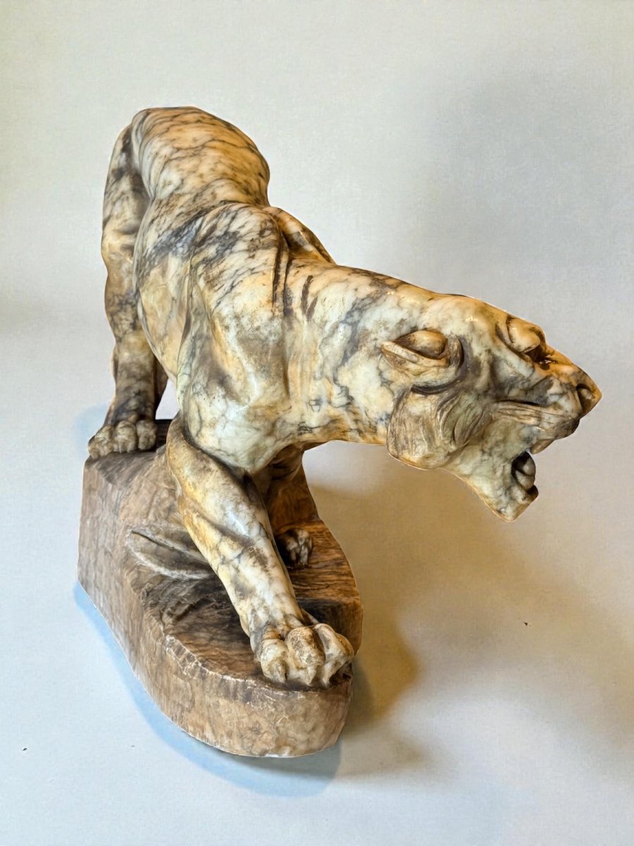 Tigre Ruggente, interamente scolpita a mano in marmo giallo Arabescato -photo-7