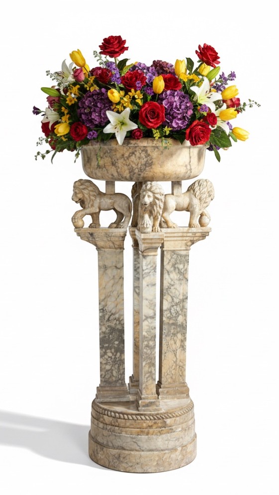 Acquasantiera monumentale sorretta da 4 leoni scolpiti a mano, MARMO ARABESCATO