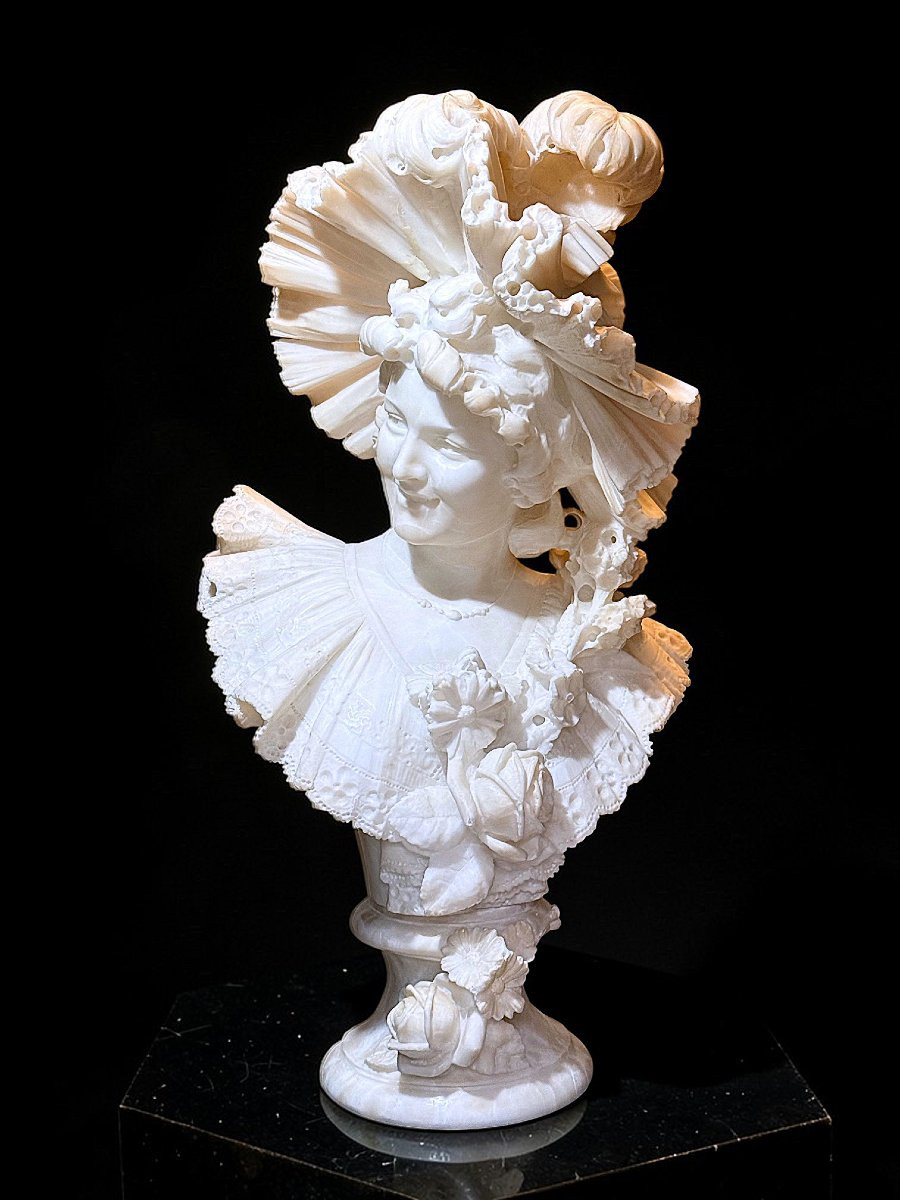 Busto giovane fanciulla sorridente con Cappello e dedica d'amore sul retro, Marmo -photo-2