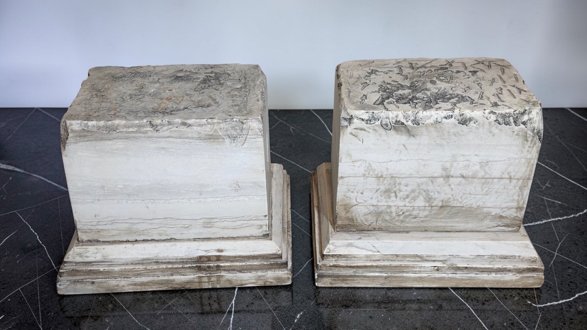 Coppia di Capitelli/Basi basse in Marmo Bianco Statuario di Carrara -photo-3