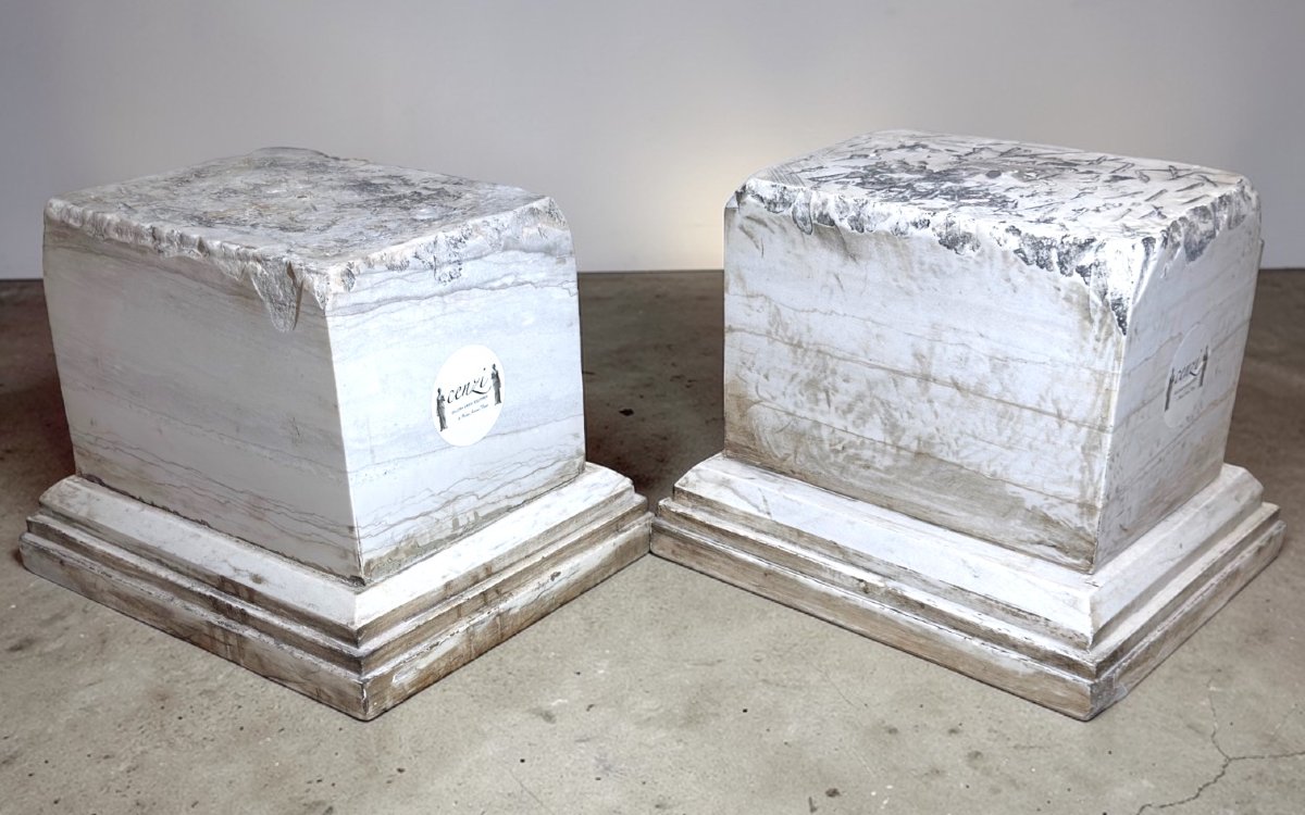 Coppia di Capitelli/Basi basse in Marmo Bianco Statuario di Carrara -photo-4