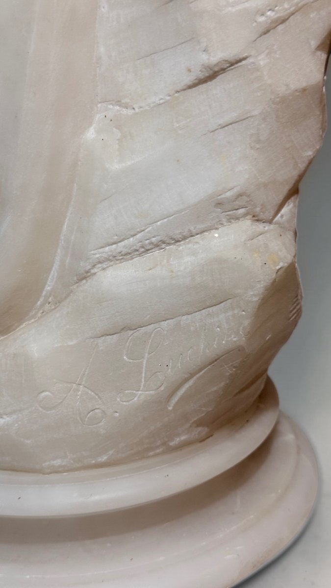 Statua dea greca con corona d'alloro e cetra in foglia oro, Marmo Carrara -photo-4