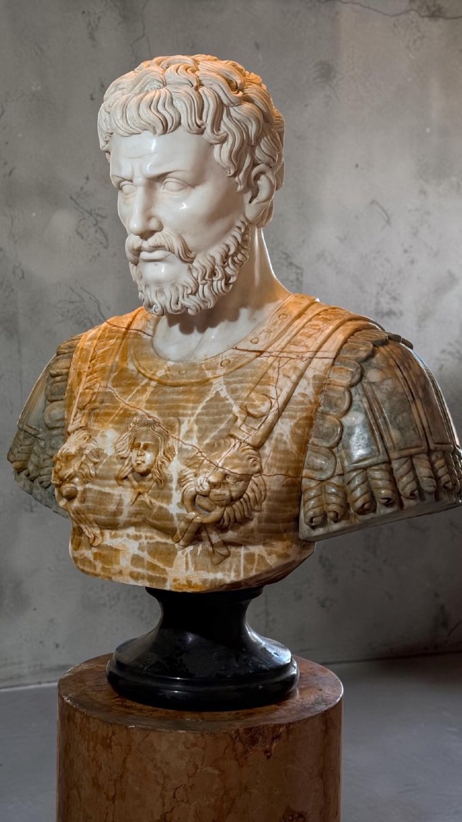 Busto monumentale raffigurante l'imperatore romano Settimio Severo marmi rari-photo-2