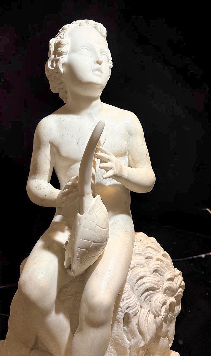 Statua raffigurante Ercole che suona, Luigi Bienaimé, Marmo Bianco Statuario di Carrara -photo-2