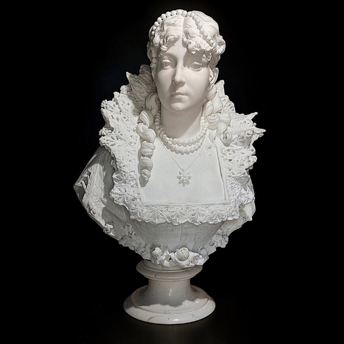 Busto raffigurante Maria de Medici Regina di Francia, Marmo Bianco Statuario di Carrara -photo-2