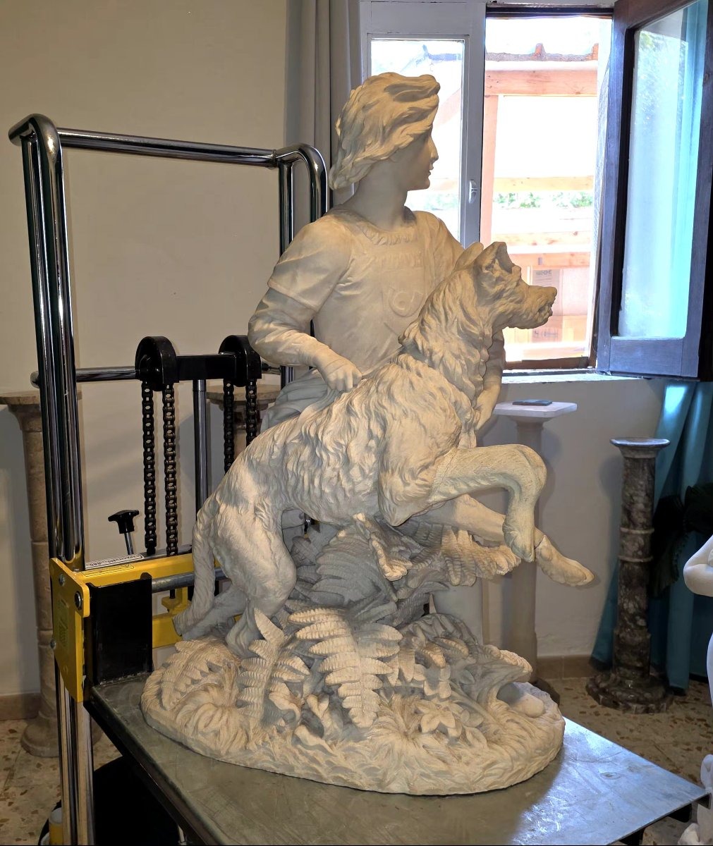 Statua raffigurante il giovane Romilly (1863) Giovane Fanciullo con Cane in Marmo Carrara -photo-8