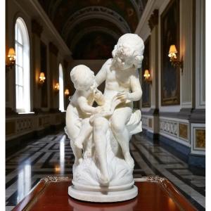 Statua coppia di Fanciulli che leggono un libro Marmo Moreau 