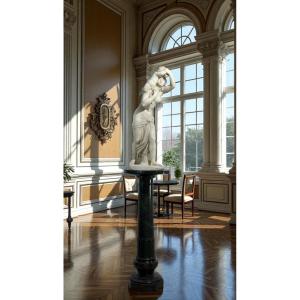 Statua fanciulla neoclassica con fauno, Marmo Bianco statuario di Carrara, FOUCOU