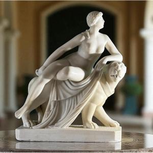 Statua raffigurante Arianna con la Pantera, Marmo Bianco Statuario di Carrara 