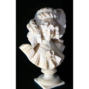 Busto raffigurante una giovane fanciulla con fiori e grande cappello, Marmo 
