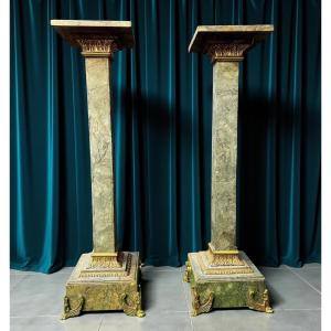 Coppia di Colonne/Capitelli in Marmo Verde Alpi,  con Bronzo dorato