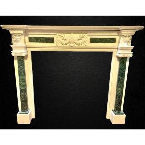 Cornice Camino in Marmo Bianco Statuario di Carrara e Verde Alpi 