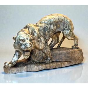 Tigre Ruggente in Marmo Arabescato Giallo, scolpita a mano 