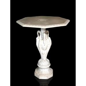 Tavolo con piedistallo ottagonale decorato con cigni in Marmo Carrara 