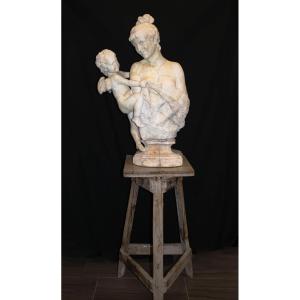 Statua Fanciulla con Eros in Marmo Bianco Statuario di Carrara 