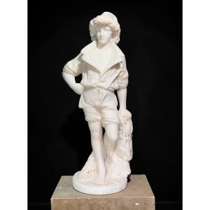 Statua raffigurante un giovane fanciullo Pescatore in Marmo Bianco Statuario di Carrara 