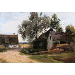 Hermann Baisch, Country Landscape With Two Thatched Cottages